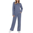 thumbnail image 1 of Women's 2 Piece Outfit Set, Long Sleeve Crewneck Top with Elastic Waist Wide Leg Pants, 2025 Fall New Casual Loungewear Set, Comfortable Relaxed Fit Matching Separates for Home and Travel Navy L, 1 of 8