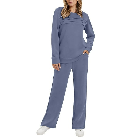 Women's 2 Piece Outfit Set, Long Sleeve Crewneck Top with Elastic Waist Wide Leg Pants, 2025 Fall New Casual Loungewear Set, Comfortable Relaxed Fit Matching Separates for Home and Travel Navy L