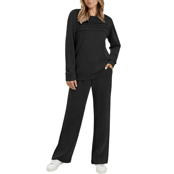 Women's 2 Piece Outfit Set, Long Sleeve Crewneck Top with Elastic Waist Wide Leg Pants, 2025 Fall New Casual Loungewear Set, Comfortable Relaxed Fit Matching Separates for Home and Travel Black XXL
