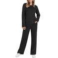 thumbnail image 1 of Women's 2 Piece Outfit Set, Long Sleeve Crewneck Top with Elastic Waist Wide Leg Pants, 2025 Fall New Casual Loungewear Set, Comfortable Relaxed Fit Matching Separates for Home and Travel Black XXXXL, 1 of 8