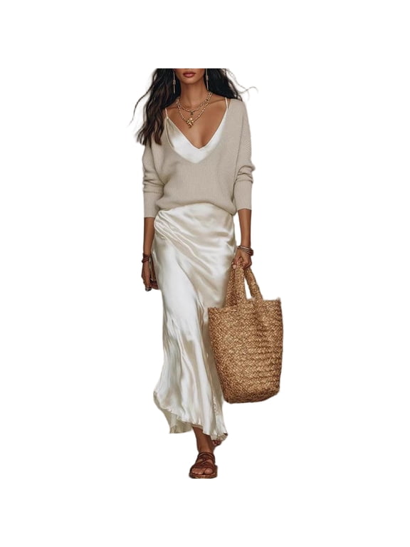 Women's 2 Piece Outfit Set, Ribbed Knit Long Sleeve Top with Satin Slip Midi Dress, Elegant V-Neck Two-Piece Suit for Office Date Night Cocktail Party 02-Complexion S