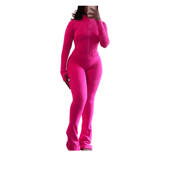 Women’s 2 Piece Outfit Set, Sexy Bodycon Long Sleeve Crop Top and Flared Pants Set, Stretchy Athletic Lounge Wear Tracksuit for Casual or Party Style