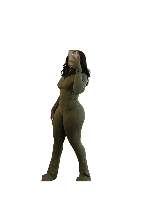 Women’s 2 Piece Outfit Set, Sexy Bodycon Long Sleeve Crop Top and Flared Pants Set, Stretchy Athletic Lounge Wear Tracksuit for Casual or Party Style