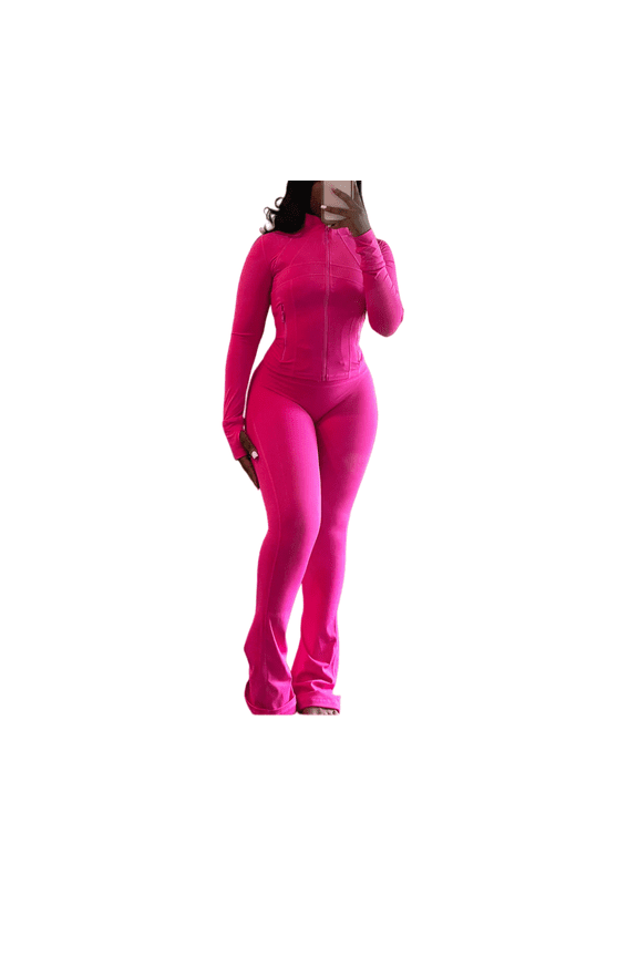 Women’s 2 Piece Outfit Set, Sexy Bodycon Long Sleeve Crop Top and Flared Pants Set, Stretchy Athletic Lounge Wear Tracksuit for Casual or Party Style