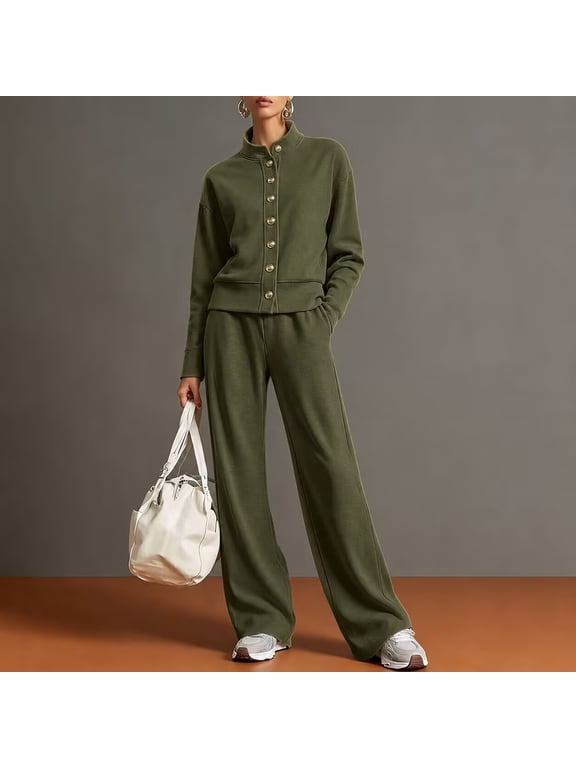 Women's 2 Piece Outfit Set, Stand Collar Button Long Sleeve Sweatshirt and Wide Leg Pants Casual Tracksuit