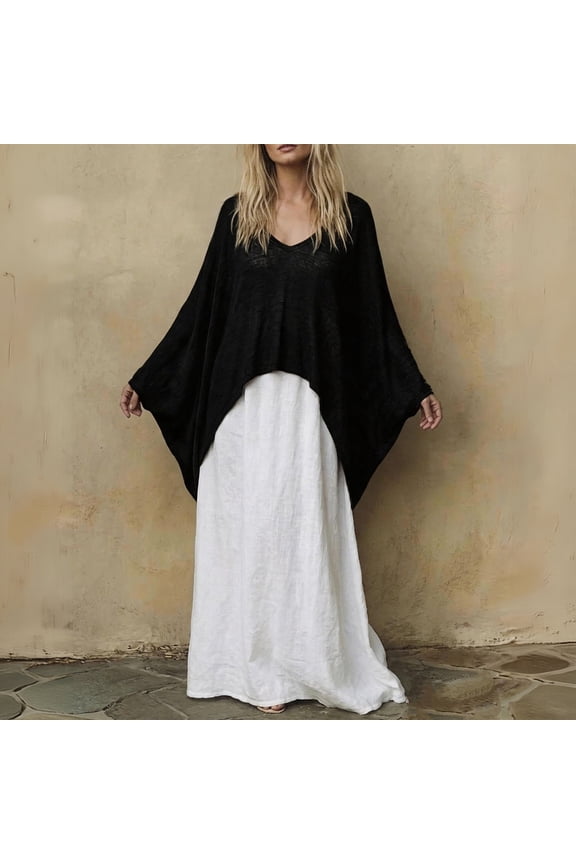 Women's 2 Piece Outfit Set, V Neck Batwing Sleeve Cardigan with Loose Casual Dress, Solid Color Matching Duster and Midi Dress Set 01-Black S