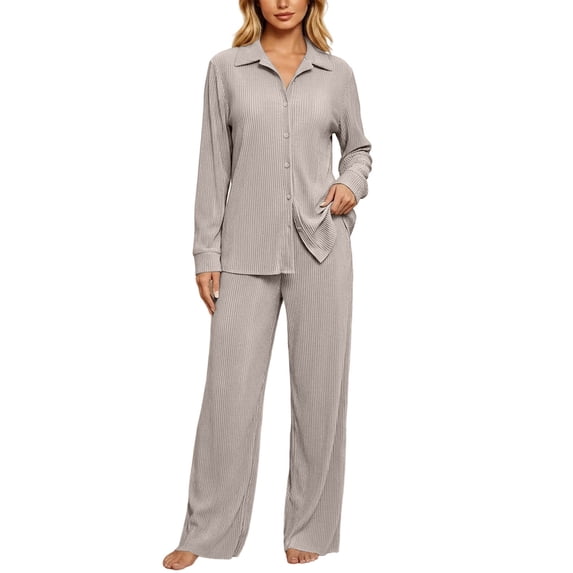 Women's 2 Piece Outfit Sets Casual Lounge Set Button Long Sleeve Shirts and Long Pants Loungewear Set Pajama Set