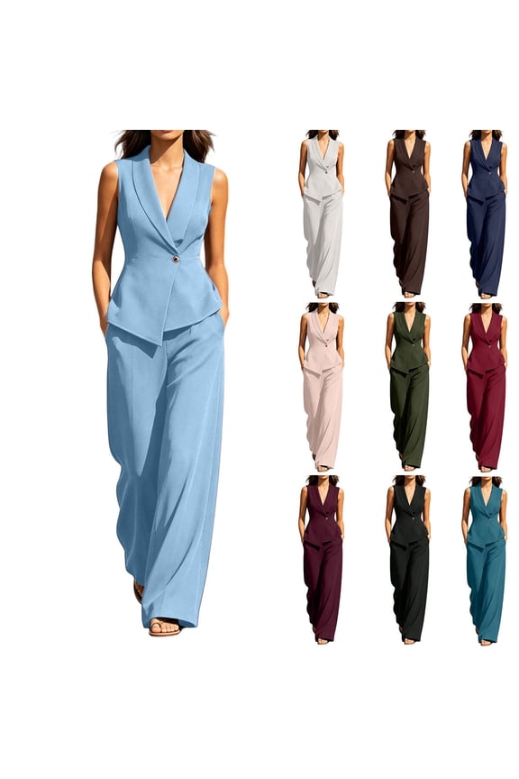 Women's 2 Piece Outfit Sleeveless Blazer Vest and Wide Leg Pants Sets V Neck Tailored Suit Set Business Casual Outfit for Work office Wear White
