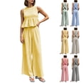 thumbnail image 1 of Women's 2-Piece Outfit Sleeveless Round Neck Peplum Tank Top Elastic Waist Wide Leg Pants Set Fashion Plaid Ruffled Hem Lounge Set Breathable Loose Solid Color Summer Sets for Women L, 1 of 8