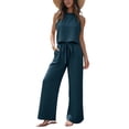 thumbnail image 1 of Women's 2 Piece Outfit Textured Crinkle Fabric Halter Sleeveless Crop Top Drawstring Wide Leg Pants Summer Vacation Casual Matching Set Navy, 1 of 6