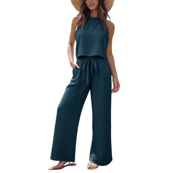 Women's 2 Piece Outfit Textured Crinkle Fabric Halter Sleeveless Crop Top Drawstring Wide Leg Pants Summer Vacation Casual Matching Set Navy