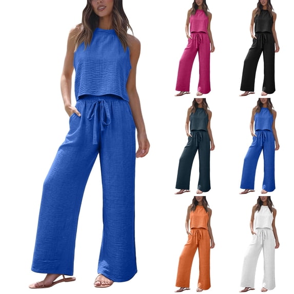 Women's 2 Piece Outfit Textured Crinkle Fabric Halter Sleeveless Crop Top Drawstring Wide Leg Pants Summer Vacation Casual Matching Set White