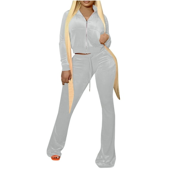 Women's 2 Piece Outfit Velour Zip Up Crop Jacket and Bell Bottoms Long Pants with Pockets Velvet Tracksuit Set