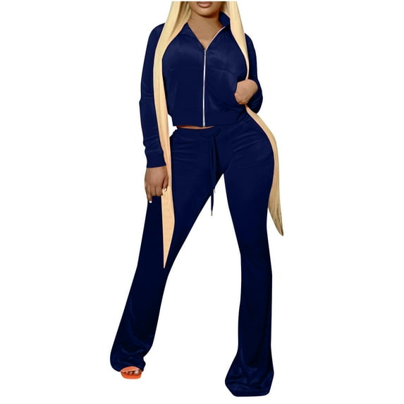 Women's 2 Piece Outfit Velour Zip Up Crop Jacket and Bell Bottoms Long Pants with Pockets Velvet Tracksuit Set