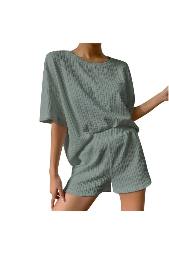 Women's 2 Piece Outfits 2025 Short Sleeve Crewneck Pullover And Loose Shorts Pajama Sets Tracksuit Lounge Matching Sets