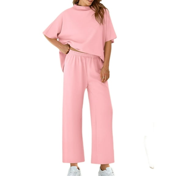 Women's 2 Piece Outfits 3/4 Batwing Sleeve Pullover Tops & Wide Leg Pants Casual Lounge Set