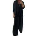 thumbnail image 1 of Women's 2 Piece Outfits 3/4 Sleeve Striped Notch Lapel Neck One Button Shirt and Wide Leg Pants Dressy Casual Sets (2XL, Black), 1 of 7