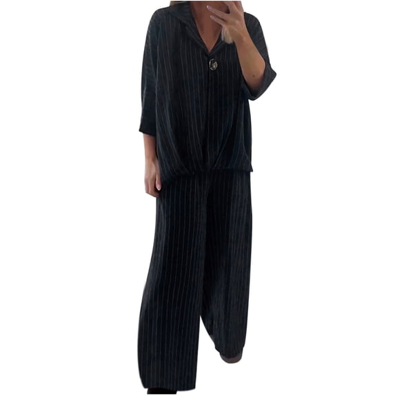 Women's 2 Piece Outfits 3/4 Sleeve Striped Notch Lapel Neck One Button Shirt and Wide Leg Pants Dressy Casual Sets (XS, Black)
