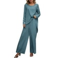 thumbnail image 1 of Women's 2 Piece Outfits - Asymmetrical Hem Long Sleeve Tops & Wide Leg Pants - Loose Solid Set for Fall Winter - Comfortable Trendy Style, 1 of 4