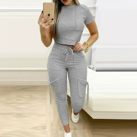 Women’s 2 Piece Outfits Bodycon Tracksuit Sports Suit Short Sleeve Crop Top With Skinny Long Pants Loungewear Workout Sets Wedding Pant Suits for Bride Pant Suits for Women Dressy Wedding Guest Long