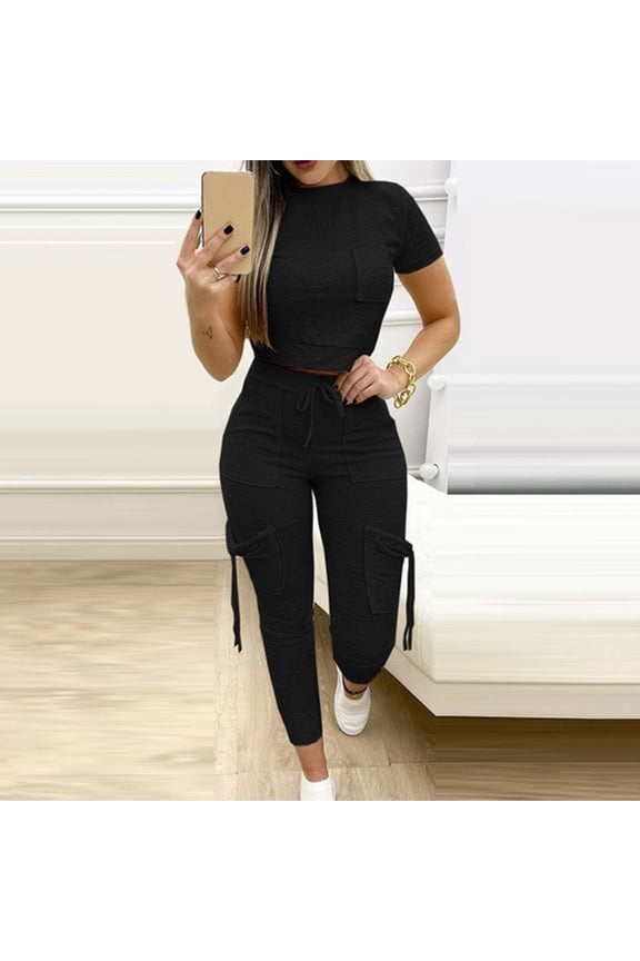 Women’s 2 Piece Outfits Bodycon Tracksuit Sports Suit Short Sleeve Crop Top With Skinny Long Pants Loungewear Workout Sets Wedding Pant Suits for Bride Pant Suits for Women Dressy Wedding Guest Long