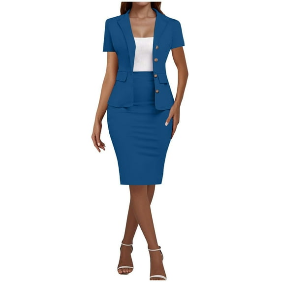 Women's 2 Piece Outfits Business Work Clothes Blazer Jacket and Skirt Set Suits Blue