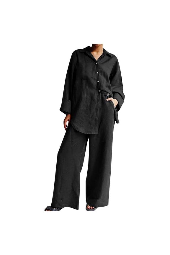 Women's 2 Piece Outfits Casual Cotton Linen Sets Long Sleeve Button Shirt Loose High Waist Wide Leg Palazzo Pants Sets Loungewear