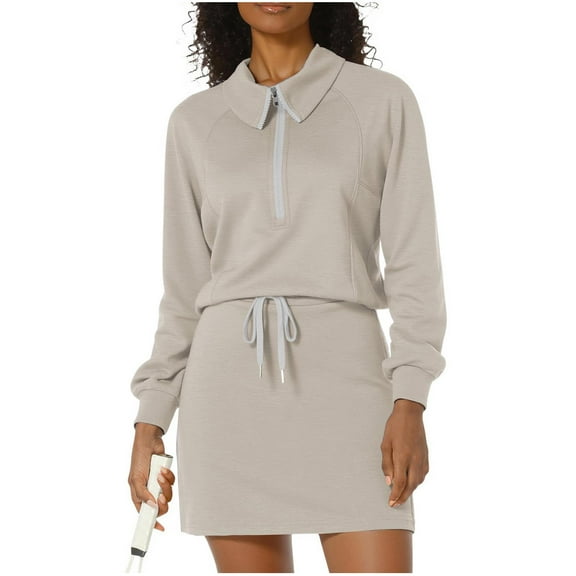Women's 2 Piece Outfits Casual Half Zipper Sweatshirt Drawstring Skirt Sets Long Sleeve Short Workout Sweat Set (L, Beige)