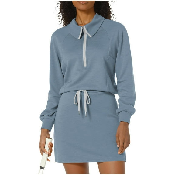 Women's 2 Piece Outfits Casual Half Zipper Sweatshirt Drawstring Skirt Sets Long Sleeve Short Workout Sweat Set (XL, Light Blue)