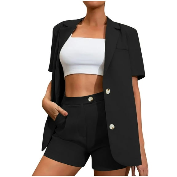 Women's 2 Piece Outfits Casual Lapel Button Short Sleeve Suits Top and High Waist Shorts Work Office Sets Tracksuits Ladies Clothes