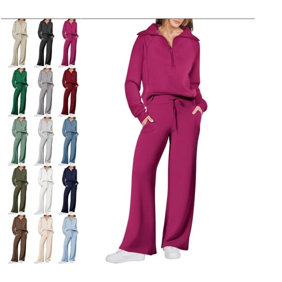 Women's 2 Piece Outfits, Casual Lapel Half Zip Sweatshirts and Baggy Sweatpants with Pockets, Fall And Winter Lounge Sets Hot Pink XL