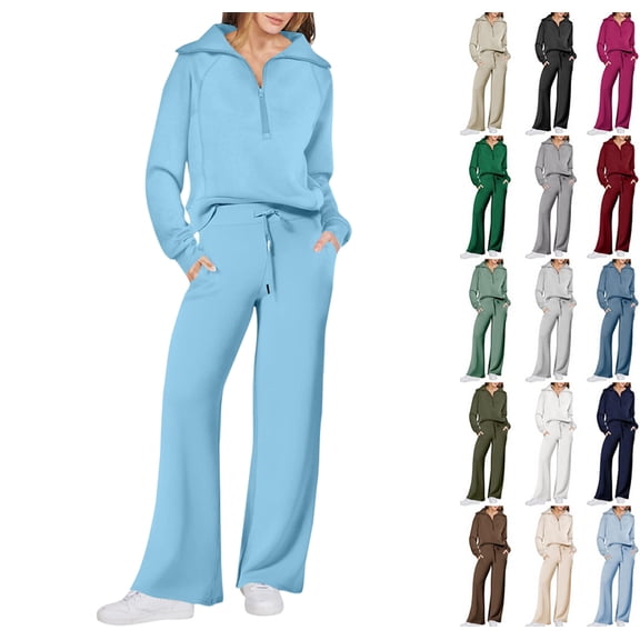 Women's 2 Piece Outfits, Casual Lapel Half Zip Sweatshirts and Baggy Sweatpants with Pockets, Fall And Winter Lounge Sets Light Blue M