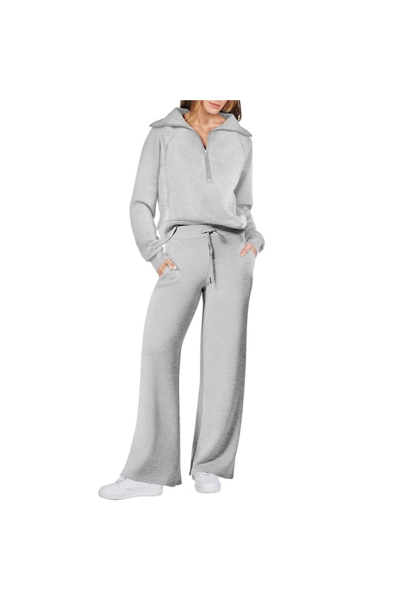 Women's 2 Piece Outfits Casual Lapel Half Zip Sweatshirts and Wide Leg Pants Tracksuit Sets Gray M