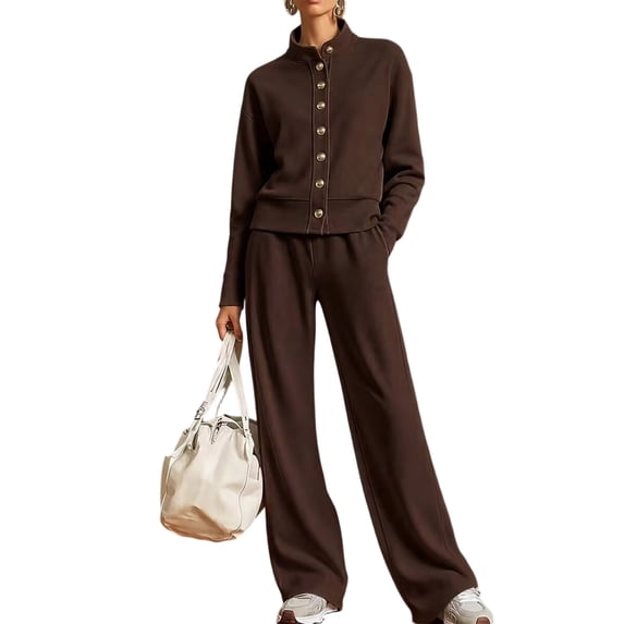 Women's 2 Piece Outfits Casual Lapel Half Zip Sweatshirts and Wide Leg Pants Tracksuit Sets