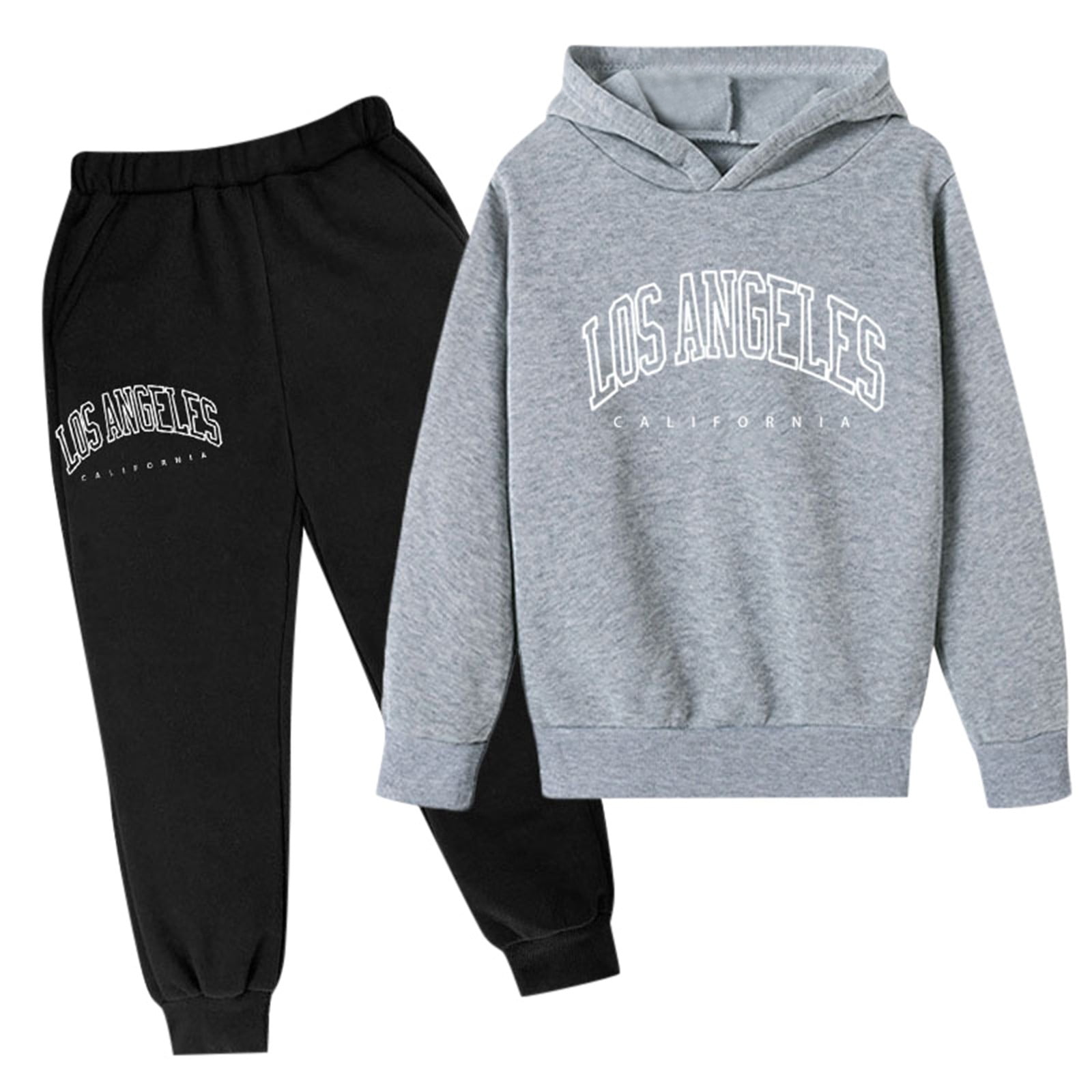 Women's 2 Piece Outfits Casual Los Angeles Letter Printed Long Sleeve Hoodie Pullover Sweatshirt Tracksuit Jogger Sweatpants Unisex Sweatsuit Set,Z2-Grey,4-5 Years