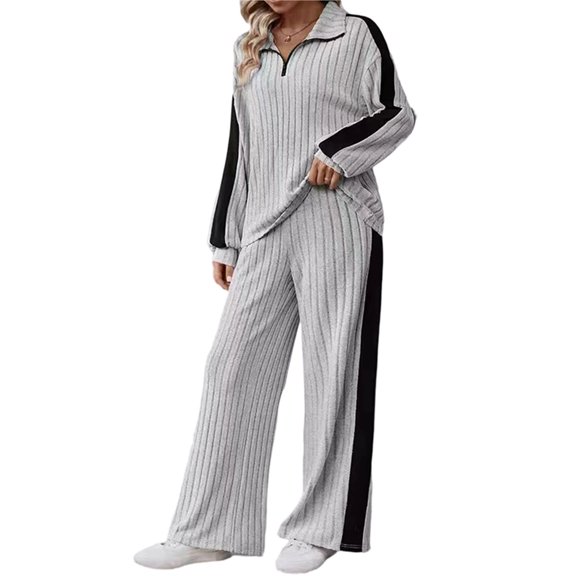 Women's 2 Piece Outfits Casual Ribbed Knit Lounge Sets Cozy Half Zip Sweatsuit Sets Wide Leg Tracksuits Light Gray XL