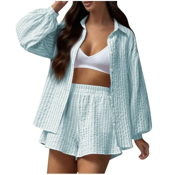 Women's 2 Piece Outfits Casual Suit Striped Print Bubble Sleeves Button Up Shirt Top Pocket Elastic Waist Shorts Set (L, Sky Blue)