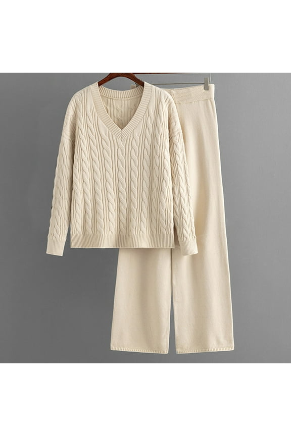 Women's 2 Piece Outfits Casual V Neck Knit Wide Leg Sweater Lounge Set Sweatsuit Bodycon Sweater Dress Tropical Dresses For Women