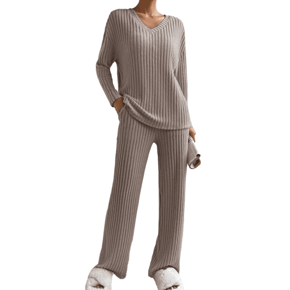 Women's 2 Piece Outfits Casual V Neck Knit Wide Leg Sweater Lounge Set Sweatsuit Pullover