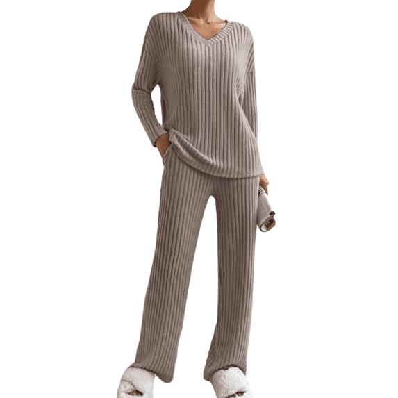 Women's 2 Piece Outfits Casual V Neck Knit Wide Leg Sweater Lounge Set Sweatsuit Pullover