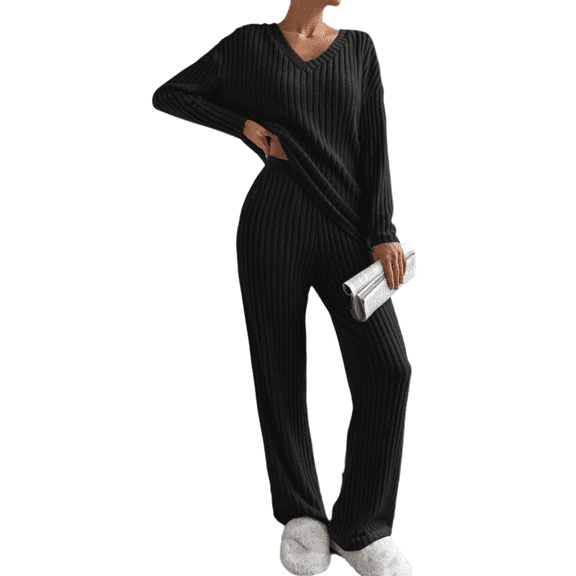 Women's 2 Piece Outfits Casual V Neck Knit Wide Leg Sweater Lounge Set Sweatsuit Pullover