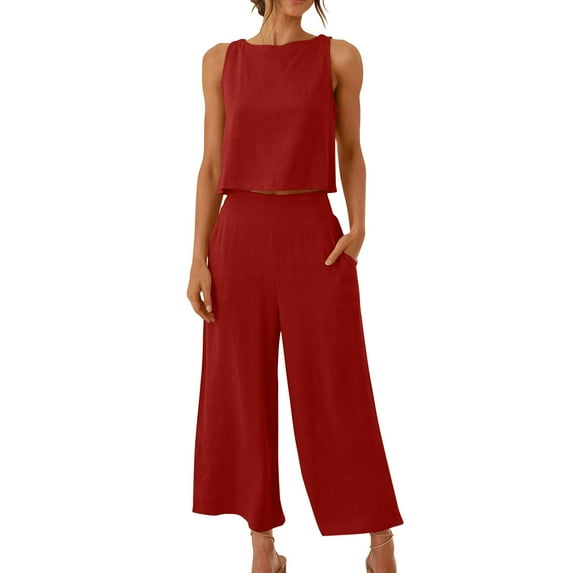 Tbopshirt Women's 2 Piece Outfits 2PC Fashion Woman Round Neck Solid Sleeveless Blouse +Loose Pockets Pants Sets Wide Leg Pants