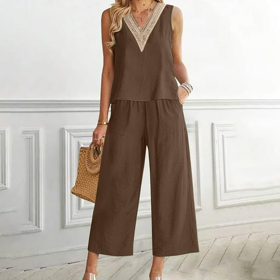 Women's 2 Piece Outfits Clearance 2PC Fashion Women's V-neck Solid Sleeveless Top + Loose Pocket Pants Suit Wide Leg Pants