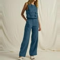 thumbnail image 1 of Women's 2 Piece Outfits Clearance 2PC Fashion Women's V-neck Solid Sleeveless Top + Loose Pocket Pants Suit Wide Leg Pants, 1 of 5