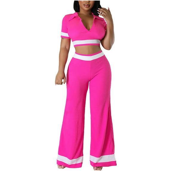 Tbopshirt Women's 2 Piece Outfits Fashion Women Summer Round-Neck Solid Color Casual Short SLeeve Top+ Pant Set Wide Leg Pants