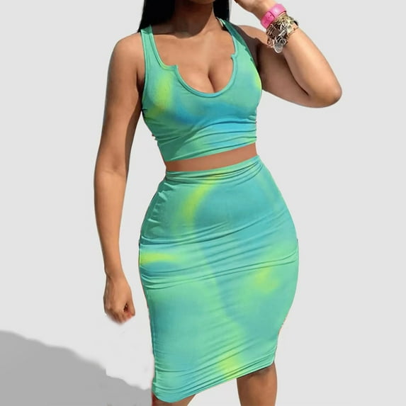 Tbopshirt Women's 2 Piece Outfits Plus Size Fashion Women Summer Print Casual SLeeveless Top+ Skirt Set Wide Leg Pants