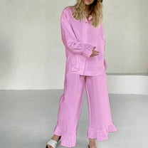 Tbopshirt Women's 2 Piece Outfits Women Casual Summer Solid Long Sleeve Tops and Long Pants Suit Wide Leg Pants