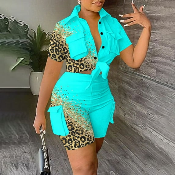 Tbopshirt Women's 2 Piece Outfits Women Two-piece Color-blocking V-Neck Short-sleeved Fashion Casual Suit Wide Leg Pants