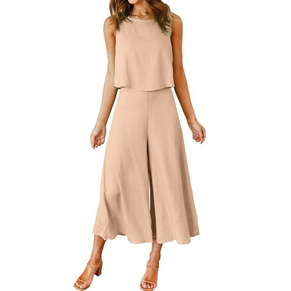 Tbopshirt Women's 2 Piece Outfits Women's Cotton And Linen Round Neck Sleeveless Shorts,Top,Widened Leg Pants,Long Pants Set Wide Leg Pants