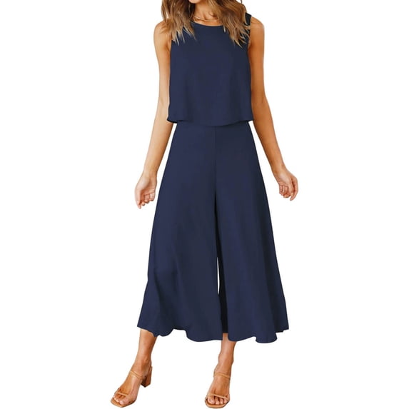 Tbopshirt Women's 2 Piece Outfits Women's Cotton And Linen Round Neck Sleeveless Shorts,Top,Widened Leg Pants,Long Pants Set Wide Leg Pants